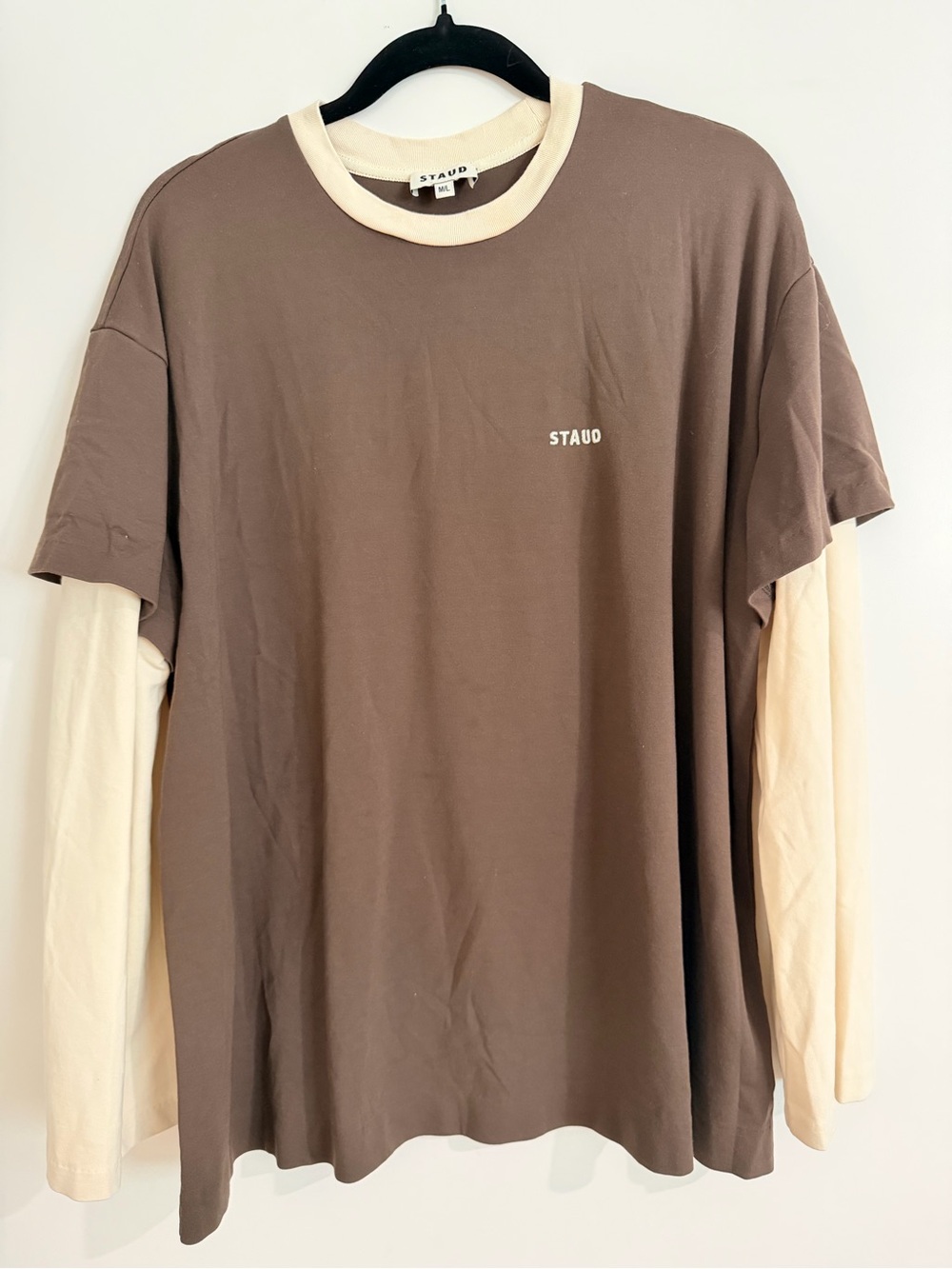 STAUD “William Tee” Brown Short-Sleeve Tee with Cream Layered Long Sleeves